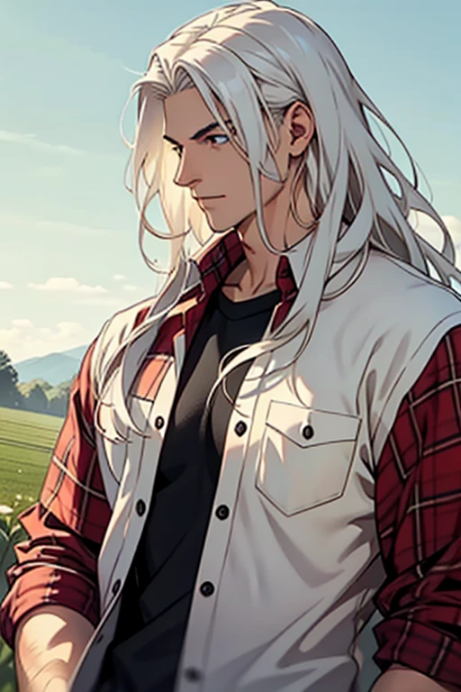 (1 man),close up shot, very long white hair, muscular, flannel shirt, farm background 