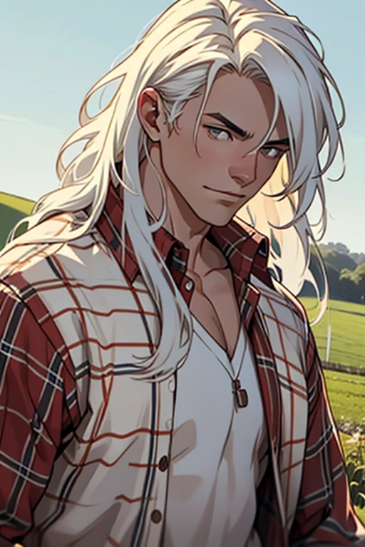 (1 man),close up shot, very long white hair, muscular, flannel shirt, farm background