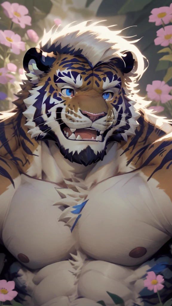 tiger,((laughing out loud)),muscle,((hairy)),Ultra-high quality,((masterpiece)),blue eyes,hairy,8K,wallpaper,Detailed background,Very detailed body,Eye details,Paw pad details,Lifelike,Topless,Flower Field