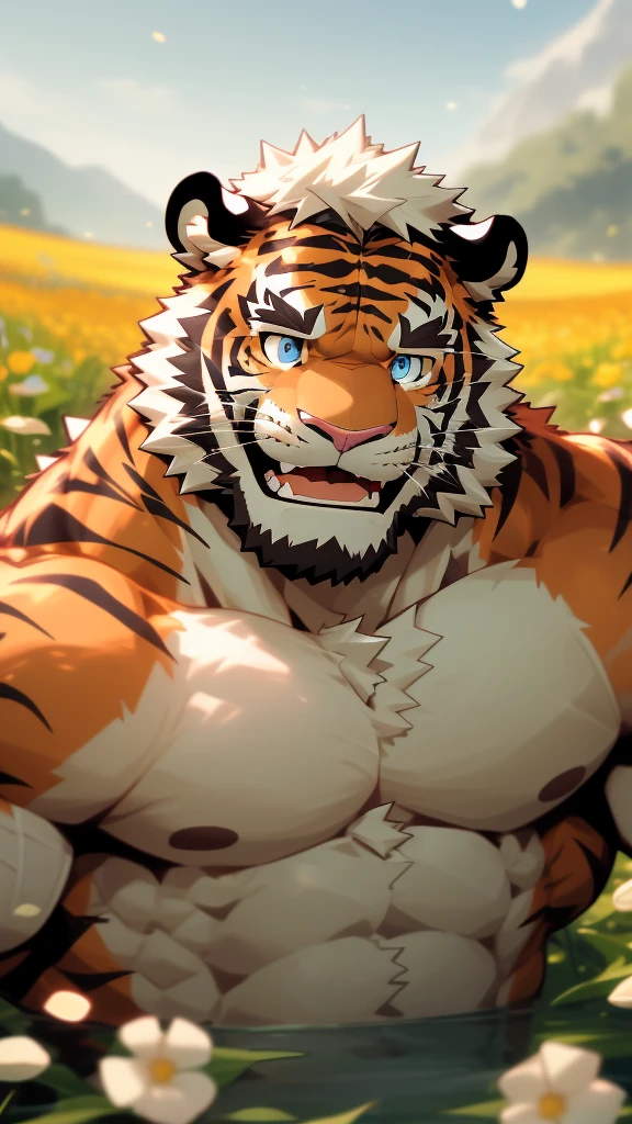tiger,((laughing out loud)),muscle,((hairy)),Ultra-high quality,((masterpiece)),blue eyes,hairy,8K,wallpaper,Detailed background,Very detailed body,Eye details,Paw pad details,Lifelike,Topless,Flower Field