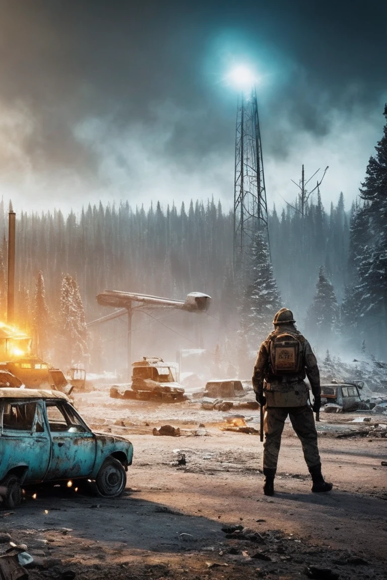 The scene depicts a female character standing in a post-apocalyptic Chernobyl. She is holding a birthday cake with glowing candles showing the number 10 in her hands. The cake signifies the tenth anniversary. She has long, reddish-orange hair tied in a braid and wears a high-tech gas mask with multiple filters and transparent lenses that reveal her determined eyes. Her full-body protective suit, made of kevlar-like material, is primarily gray with turquoise details, including integrated armor plates with metallic edges on her chest. She wears thick gloves and reinforced high boots designed for rough terrain. Around her waist and legs are pockets and straps for carrying tools and small equipment.
In the background, the iconic Ferris wheel of Pripyat stands rusted and decayed, alongside an overgrown amusement park. The damaged sarcophagus of the reactor is visible in the distance, with greenish radioactive hot spots glowing faintly. The sky is overcast with thick, dark clouds and occasional silent lightning, creating an oppressive atmosphere. The environment is cold with a persistent, dense fog and radioactive snow covering parts of the ground, emitting a faint eerie glow. Abandoned vehicles and decontamination machinery are scattered around, all covered in rust and ash. Mutated animals, like oversized deer and distorted wolves, occasionally move through the scene. The silence is punctuated by the howls of these creatures and the crunching of vegetation under the weight of the snow. Small survival fires provide a warm glow against the cold, desolate landscape.
