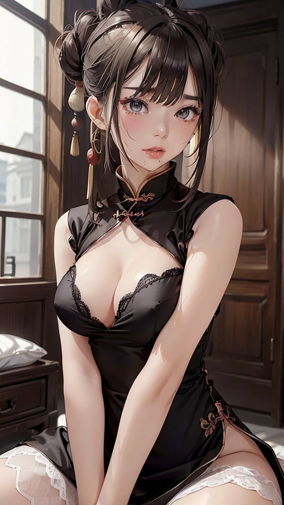 (masterpiece: 1.3), (Maximum resolution: 1.2), (Ultra High Definition TV: 1.2), Cinematic Light, 8K resolution, Detailed facial features , (Sharp focus: 1.2), (Focus on the face:1.2),Perfect Style, Beautiful Face, Acura, Anatomically correct, Highly detailed face and skin texture, Beautiful Eyes,Beautiful Eyes, Thin eyebrows, Natural Cheeks, Glowing Skin, Fair skin: 1.2, (Glossy Lips: 1.4),、 (Embarrassed look: 1.2),Highly detailed face and skin texture, Natural Cheeks, , Glossy Lips: 1.4,Perfect Style、Cleavage、Soft Breasts、(Semen on chest:1.4)(Cum on thighs 1.2)、 、blush、A humiliating look、Anxious expression、Frightened expression、Embarrassed look、Glare、anger、sorrow、tears、Open your knees、Spread your legs、 White underwear、necklace、Disheveled clothes、White panties、sweating、Thin underwear、stockings、22 years old、 clear, A clean-cut woman,1 person、 Upward-facing chest, Bedroom with oriental decor、blonde、Chestnut Hair、Blonde、Black brown hair、Greenish-gray eyes,(Dark-colored Chinese dress:1.3)、Hair Bun、Torn clothing、