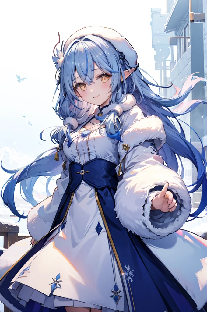 Snow Flower Ramie、Hair blowing in the wind、Snow Scene、smile、Initial costume、clothes accurately、Hands in front、Fur coat、Emphasize the chest、