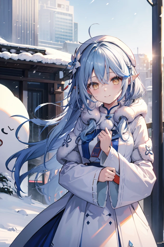 Snow Flower Ramie、Hair blowing in the wind、Snow Scene、smile、Initial costume、clothes accurately、Hands in front、Fur coat、Emphasize the chest、