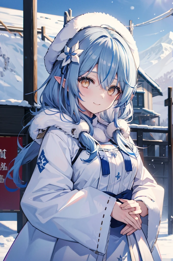 Snow Flower Ramie、Hair blowing in the wind、Snow Scene、smile、Initial costume、clothes accurately、Hands in front、Fur coat、Emphasize the chest、