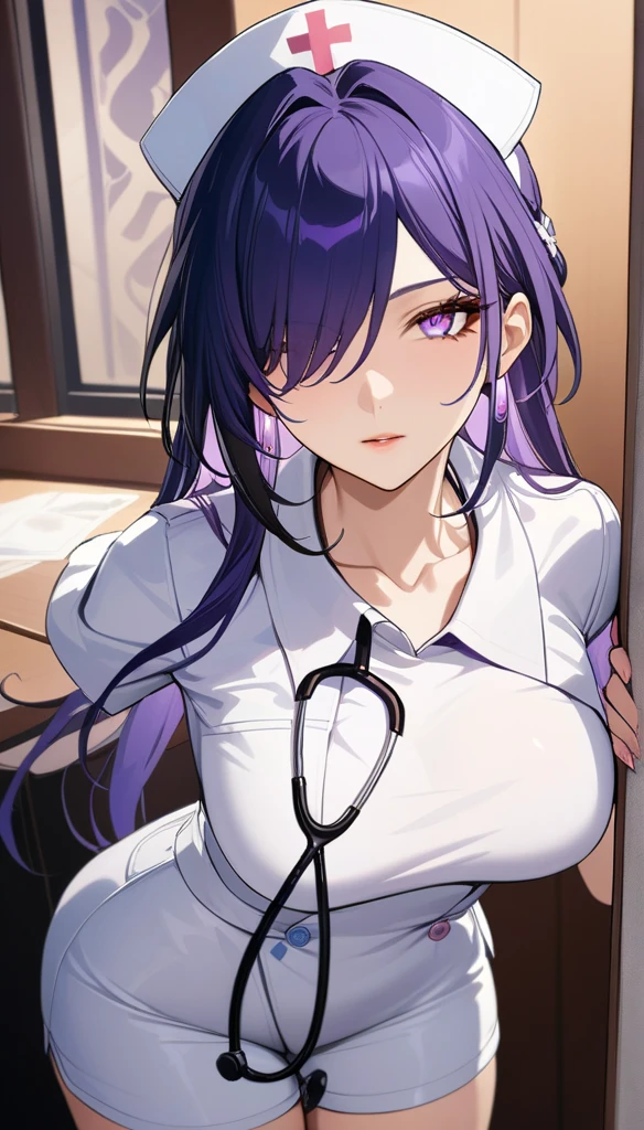 (masterpiece, top quality, best quality, official art, beautiful and aesthetic:1.2),(8k, best quality, masterpiece:1.2), (((masterpiece))),(((best quality))),(((extremely detailed))),illustration,who, (masterpiece, top quality, best quality, official art, beautiful and aesthetic:1.2),(8k, best quality, masterpiece:1.2), (Masterpiece, Best quality, best shadow), (detailed background), 1girl, One, girl, Honkai: star rail, Acheron, purple hair, long hair, shorts, one eye hidden behind hair, hair over one eye, purple eyes, nurse uniform smooth, nurse, nurse hat, stethoscope,