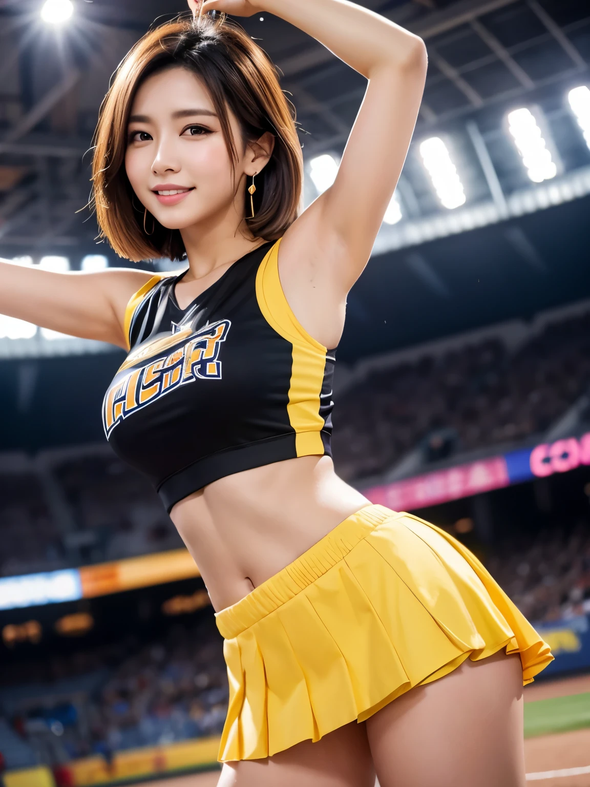 ((from below)),((cheering)),(cheerleader, sleeveless yelow line shirt, midriff), ((pleated yellow miniskirt)),(panties),((baseball Ground,night game照明,much-air-laden cheer)),((Highest quality)),((smile)),((short hair)),Realistic, ((High resolution)), 8K,Beautiful Skin,Beautiful, well-shaped eyes,(Korean women),((sexy)),(Glamour),Brunette colored hair,20th Generation,Bust size: 87cm、Earrings、(Sweat)、night game