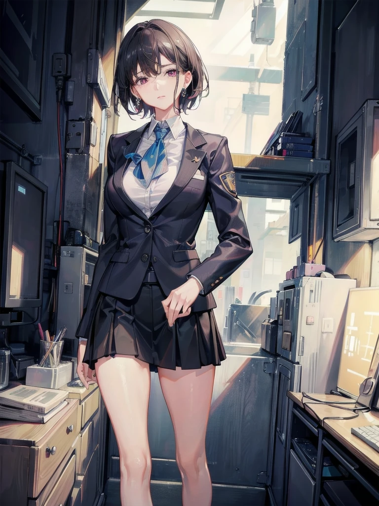 absurdres, RAW photo, extremely delicate and beautiful, masterpiece, Best Quality, ultra high resolution, 32k, hyperrealistic, ultra-detailed, perfect anatomy, super Detailed skin, perfect figure, Super Beauty, Perfect Style, Perfect balance, in her 20s, very Slim body, narrow waist, very small head, very small face, delicate facial features, tearful mole, earring, very huge round breasts, bare legs, medium hair, whole body shot, business suit, Jacket, blouse, short skirt, holding two katanas, Police station, indoor,