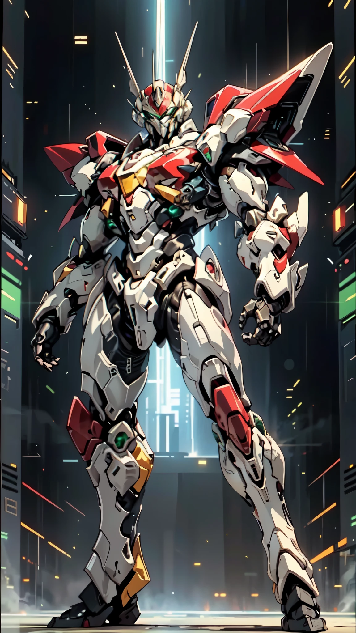 (masterpiece:1.5, best quality:1.5, extremely delicate:1.5, foreshortening:1.5, dynamic angle:1.5), a man wearing a full-face helmet, a fantasy-style biotech armored combat suit, green eyes, (a composite layered chest armor), fully enclosed shoulder guards, matching arm and leg guards, belt of Neon circuit, (the color scheme is primarily white with red green accents), the design balances heavy with agility, a high-tech bio-mecha armor, (Armor Concept Inspired by neon Cyberpunk, stand on the top of a skyscraper in a futuristic sci-fi city), this character embodies a finely crafted fantasy-surreal style armored hero in anime style, exquisite and mature manga art style, (element, plasma, energy, the armor glows), ((male:1.5)), metallic, high definition, highres, ultra-detailed, ultra-fine painting, professional, perfect body proportions, golden ratio, anatomically correct, symmetrical face, extremely detailed eyes and face, high quality eyes, creativity, RAW photo, UHD, 32k, Natural light, cinematic lighting, masterpiece-anatomy-perfect