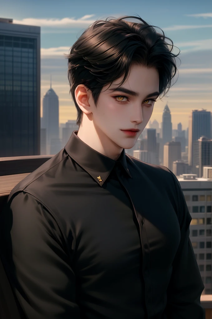 (masterpiece,best quality,ultra_detailed,highres,absurdres) (detailed shadow) (quality light),1 mature male, 21 years old, korean male focus, solo, short black hair, (yellow eyes), city background, full body, looking at viewer, parted lips, round eyewear, (open black shirt), long sleeves, showing a bit of muscles, smirk smile face.
