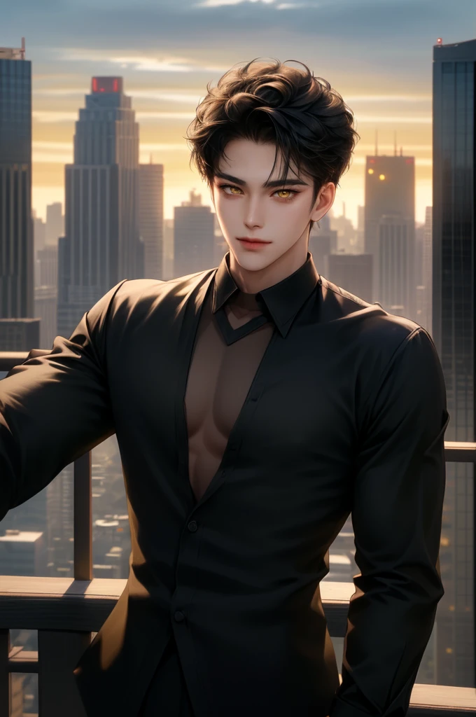(masterpiece,best quality,ultra_detailed,highres,absurdres) (detailed shadow) (quality light),1 mature male, 21 years old, korean male focus, solo, short black hair, (yellow eyes), city background, full body, looking at viewer, parted lips, round eyewear, (open black shirt), long sleeves, showing a bit of muscles, smirk smile face.