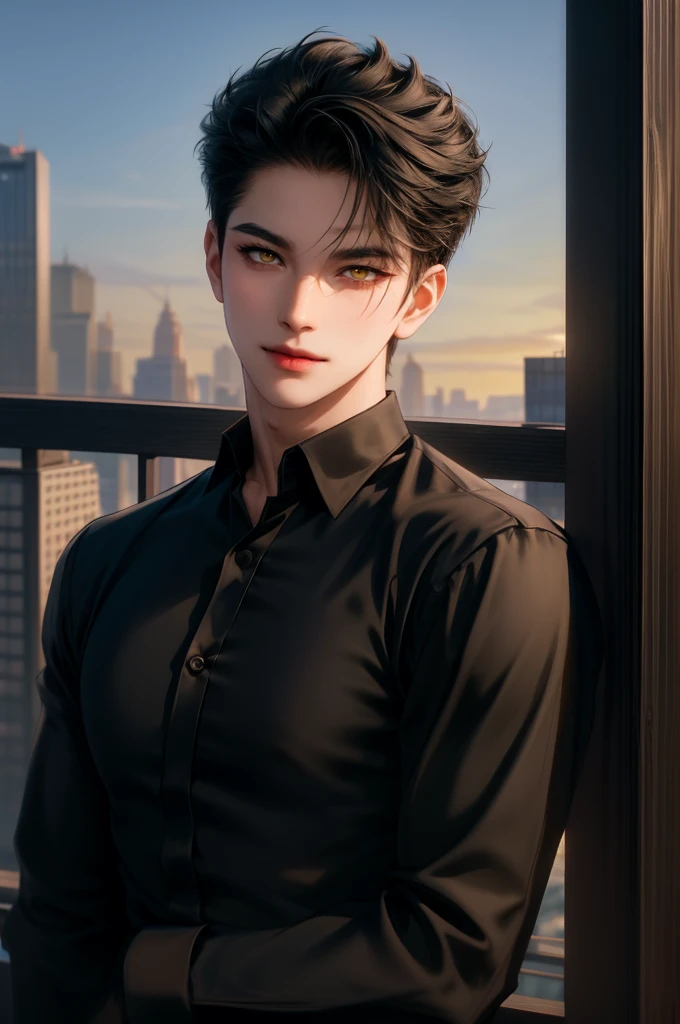 (masterpiece,best quality,ultra_detailed,highres,absurdres) (detailed shadow) (quality light),1 mature male, 21 years old, korean male focus, solo, short black hair, (yellow eyes), city background, full body, looking at viewer, parted lips, round eyewear, (open black shirt), long sleeves, showing a bit of muscles, smirk smile face.