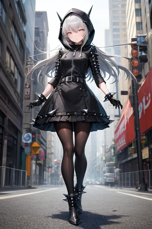 ((best quality)), ((masterpiece)), (detailed), 1 girl, Full body, 18 years old, Depressed face, Silver eyes, Arm outstretched, metal skin, Gray zippered hood, Blushing, Silver hair, Spiky hair, Bangs, Strand of hair covering eye, Full body, Very tall, Small breasts, Thin body, Metal spikes, Gray wristbands, Long black gloves with spikes, Gray gothic lolita dress, Gray dress with metal spikes, Metal emblem, Somewhat tight, Black belt, Metal legs, Black pantyhose, Black boots, Walking through the city, Giant metal spikes sticking out of the street, Cracked road, City background, Anime