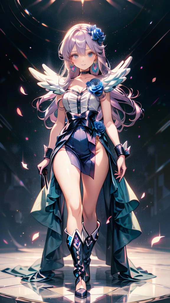 (Highly detailed CG), (Highest quality),((full body))，Anime Style，1 Girl,alone, Purple Hair，black choker, earrings, blue flower, magical girl, waist bow, cure moonlight dress, jewelry, flower, wrist cuffs, single elbow glove, boots, eyelashes,Perfect Face,  Shiny skin, Shiny skin, Wide Hips,Tight waist,boots，Elbow Bag,1 Girl, Long Hair, Big Breasts，Thick thighs，sunset，Octane，