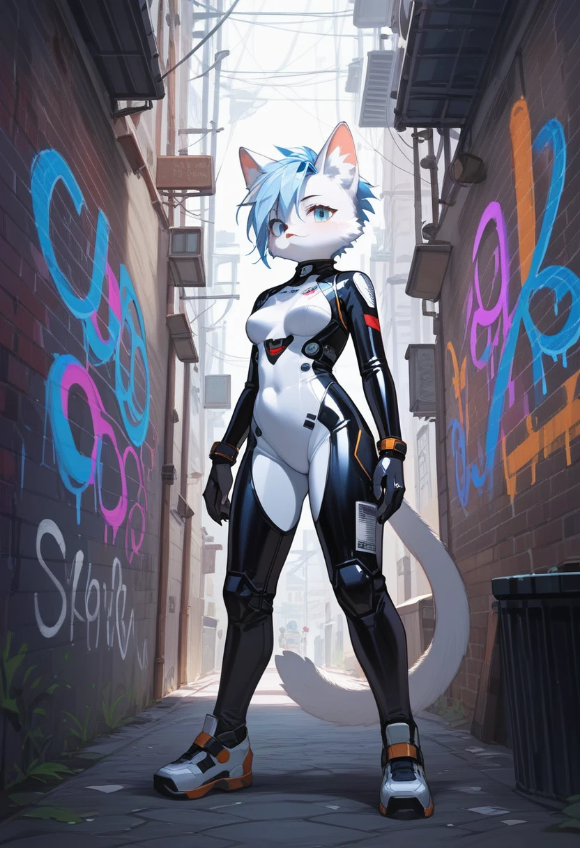 animation, Highest quality, Highest quality, High quality illustrations, masterpiece, Ultra-high resolution, Detailed Background, Alley, Graffiti art on the wall, Absurd, Perfect Anatomy, performance, Good lighting, Shadows in the movies(kemono, Furry PersonifiCation), Cat, White Skin, Light blue hair, White Rubber Suit, Red Pattern, latex, neon, neonライト, neonカラー, Bodysuits, Cyber Suit, Mech Suit, cyber punk