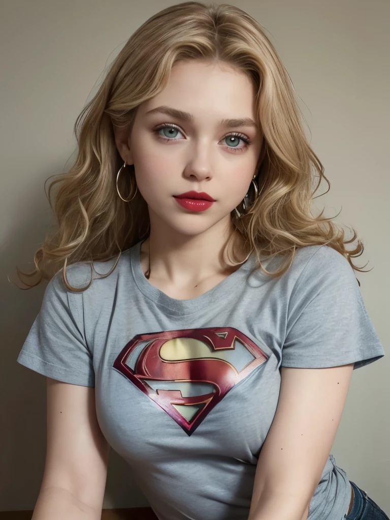 Supergirl,Woman defined body,blonde hair,21 years old,large breasts, clothing(nurse,white hospital pajamas,supergirl symbol),