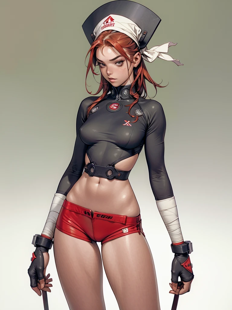 (((MMA fighter))), ((( red shorts ))), (((bandaged arms))), (((MMA luva))), ((high collar)), (((redheadwear))), (((micro shorts with vertical seams))), (((best qualityer: 1.4))), (Unbeatable masterpiece), (hiper HD),(CG 8k hyper-realistic), (((brave face))), (((breasts big))), (((hyper feminine))), (((musclegirl))), sexly girl, king of fighter,（curly hair)), ((( sculptural body ))), (((1 Kizi))), Kizi de 25 anos com perfectbody,,Beautiful and well-groomed face,muscular body:1.2,solid color detailed jacket, (Head to thigh photos), Complex equipment, green dark，long pants，Tight clothes are dark，With white stars and off-white stripes,,,,,Armor Metal Electronic Parts) INFO, Kizi, (((standing alone))), pirralha violent, (((14歳))), sexly, pose de atitude, work of art, post-apocalypse, (((manga style))), bounty hunter, violent, Manic, the way you want, slenderbody, thin but strong, perfectbody, roupa moderna, advanced technology, neon, sleeves with vertical striped pattern, neutral background, (( cowboy shot )). intricate visual