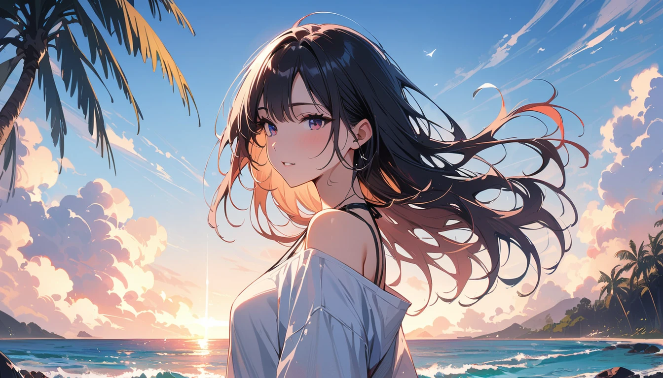(masterpiece, Highest quality:1.2), 1 Girl, alone,Eyes open,Are you having fun,Tropical atmosphere,Ocean,Healed