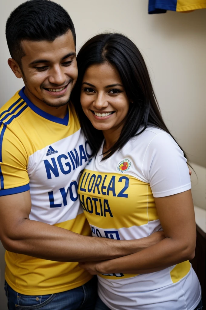 creates an image in which Leidy, a proud mom, He is wearing a Colombian national team t-shirt with his name printed on it.. She affectionately hugs her son Thyago, who is also dressed in a Colombian national team shirt with his name. They are both smiling and enjoying a special moment together, showing your support and love for your national team.