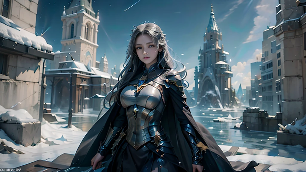 masterpiece, rest, best quality, Very detailed, Super real, 16K, high resolution, castle，snow, ((Starry Sky)),Female Mage，Gorgeous armor，Complex Mode，Large Breasts，Pretty Face，Closed mouth，dramatic，Half-length photo，Glowing scepter