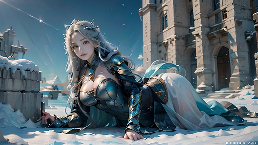 masterpiece, rest, best quality, Very detailed, Super real, 16K, high resolution, castle，snow, ((Starry Sky)),Female Mage，Gorgeous armor，Complex Mode，Large Breasts，Pretty Face，Closed mouth，dramatic，Half-length photo，Glowing scepter