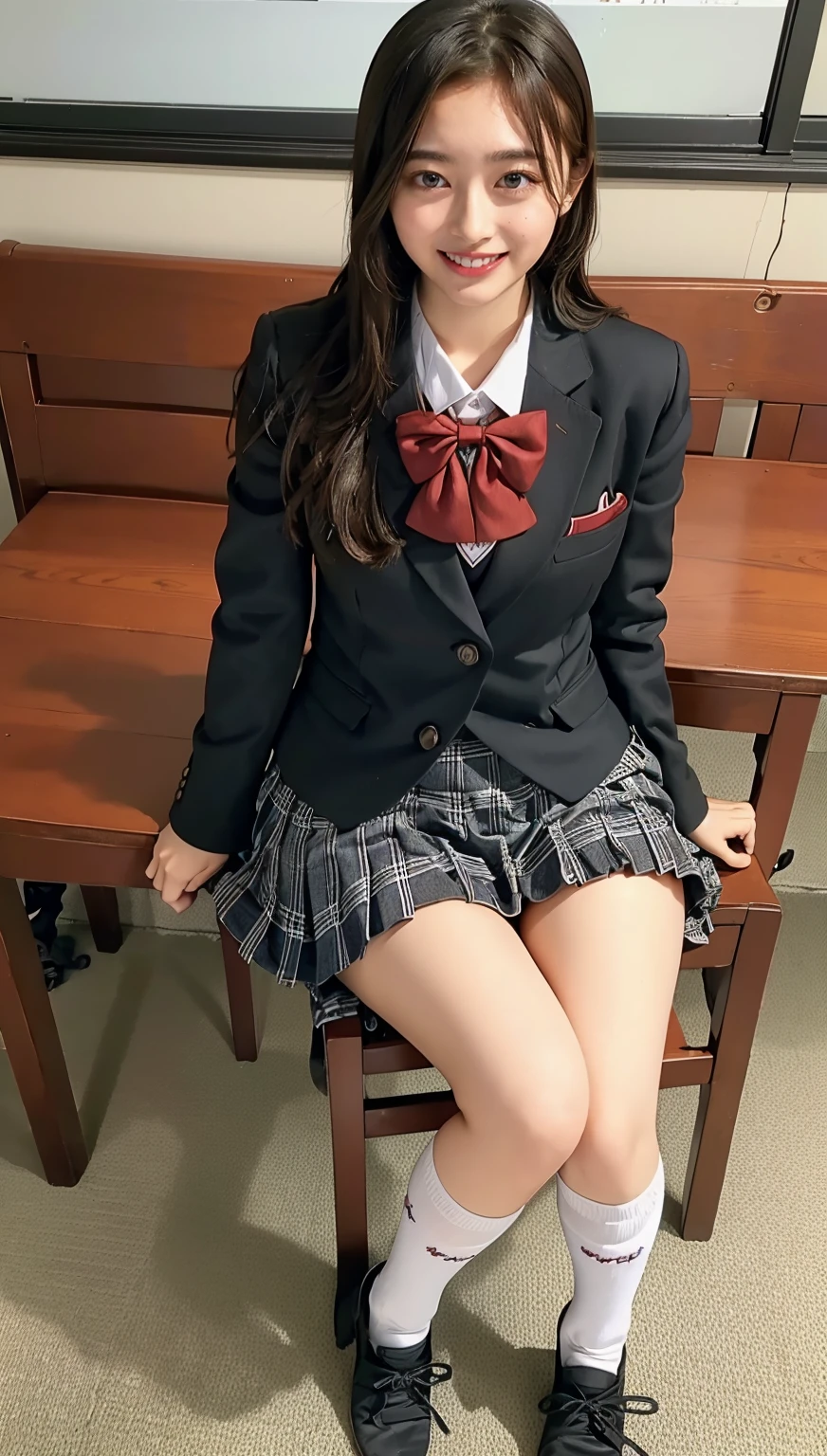 ((highest quality、8k、masterpiece:1.3)),((((fullbody shot)))),Ultra-high resolution,big eyes,Japanese,bangs,(a girl),(1 girl),((20 years old)),((facing at viewer)),((looking at viewer)),(long hair),(((black school uniform))),grin,((sitting on chair)),((pleated mini skirt)),(((thigh))),((skirt lift)),((short crew socks)),(from above)