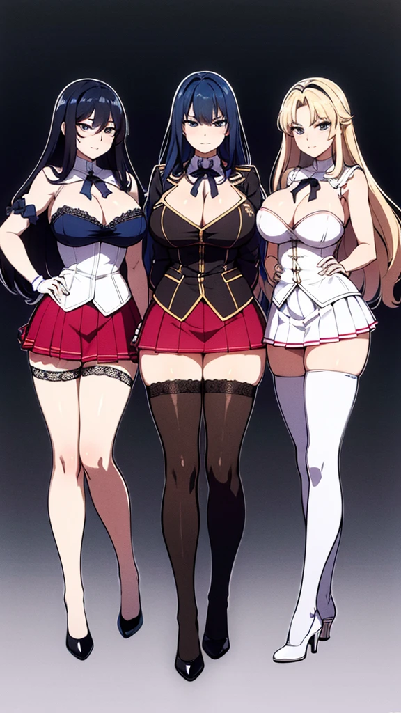 a masterpiece of 3 busty girls with sky-blue colored hair, huge fluffy hairstyle, parted fringe, hazel eyes, and matching uniforms with sexy lace accents, ribbons, and rainbow short skirts, wearing white thigh-high socks and black high heels, posing together with a serious face, flat color background, full body, ultra-detailed, (best quality,4k,8k,highres,masterpiece:1.2),ultra-detailed