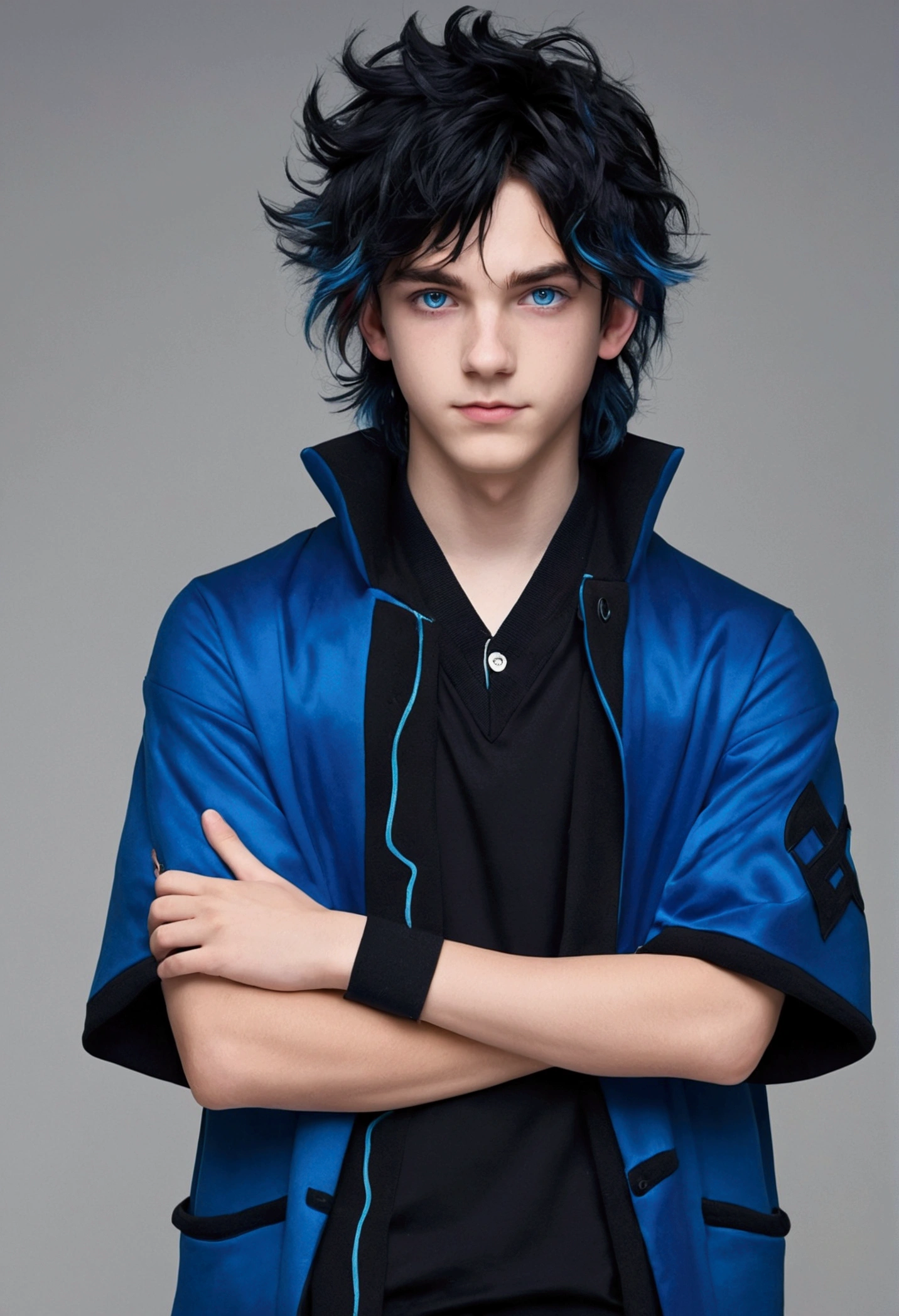  boy, Messy hair, long hair, multicolored blue and black hair, crossed arms, blue and black eyes, heterochromia, ssmile, serious face, black jersey, dark blue detailed and wide short-sleeved overcoat, detailed black pants, black sneakers, electric aura around the character