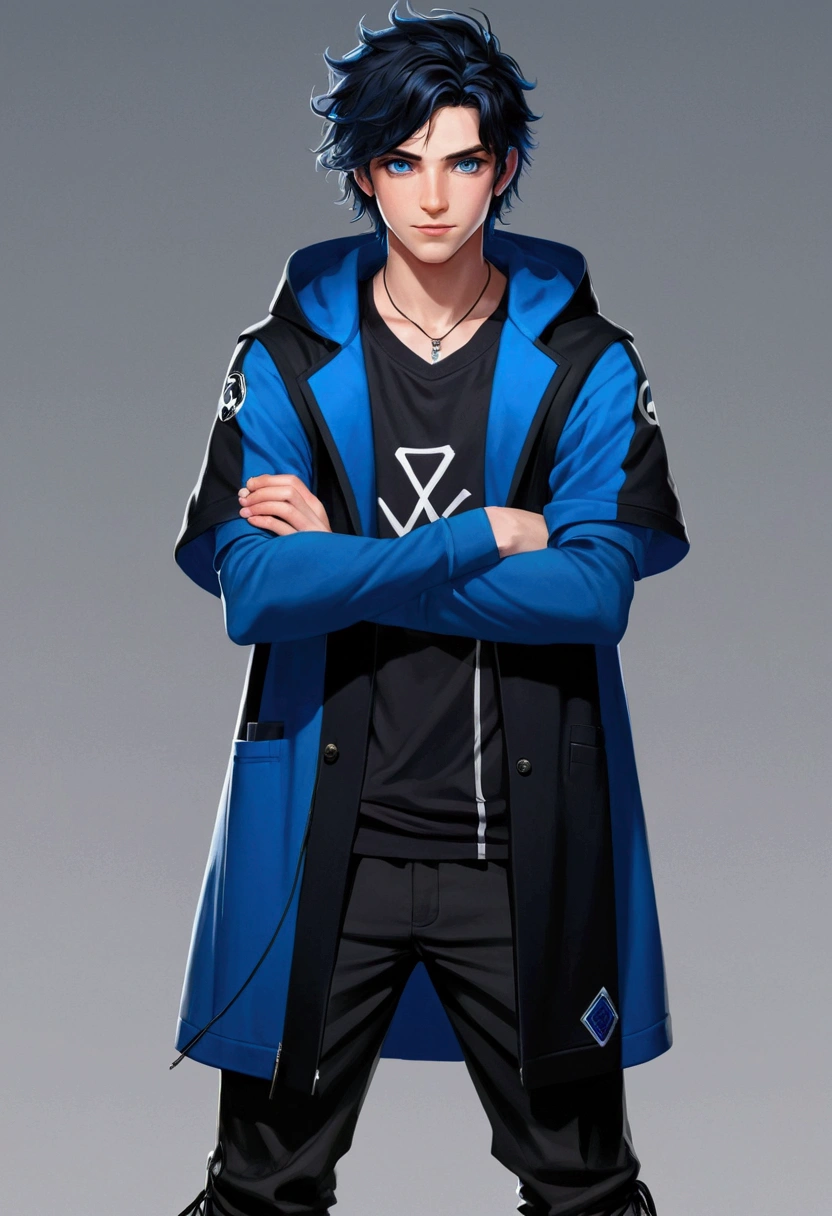 Teenage boy, Messy hair, long hair, multicolored blue and black hair, crossed arms, blue and black eyes, heterochromia, ssmile, serious face, black jersey, dark blue detailed and wide short-sleeved overcoat, detailed black pants, black sneakers, electric aura around the character