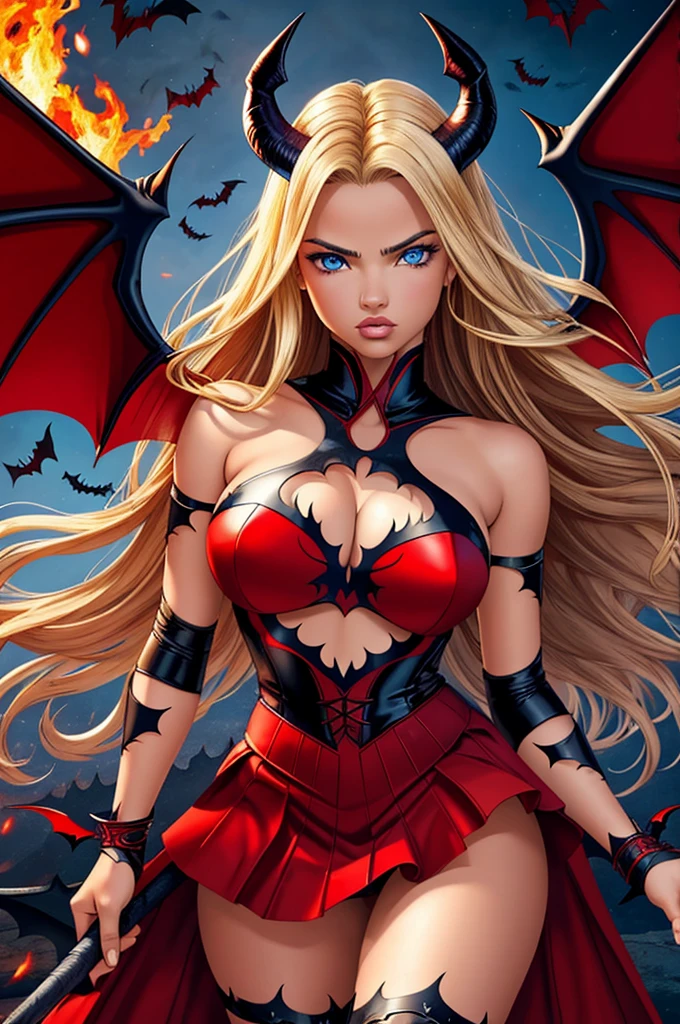 16 year old Adriana Lima, ultra detailed face, ultra detailed blue eyes, long blonde hair, fire, hell, demon, horns, (red dress, skirt), (((masterpiece, huge bat wings)))