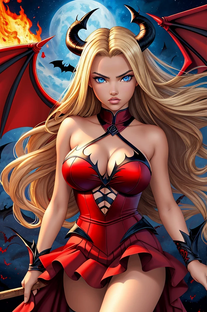 16 year old Adriana Lima, ultra detailed face, ultra detailed blue eyes, long blonde hair, fire, hell, demon, horns, (red dress, skirt), (((masterpiece, huge bat wings)))