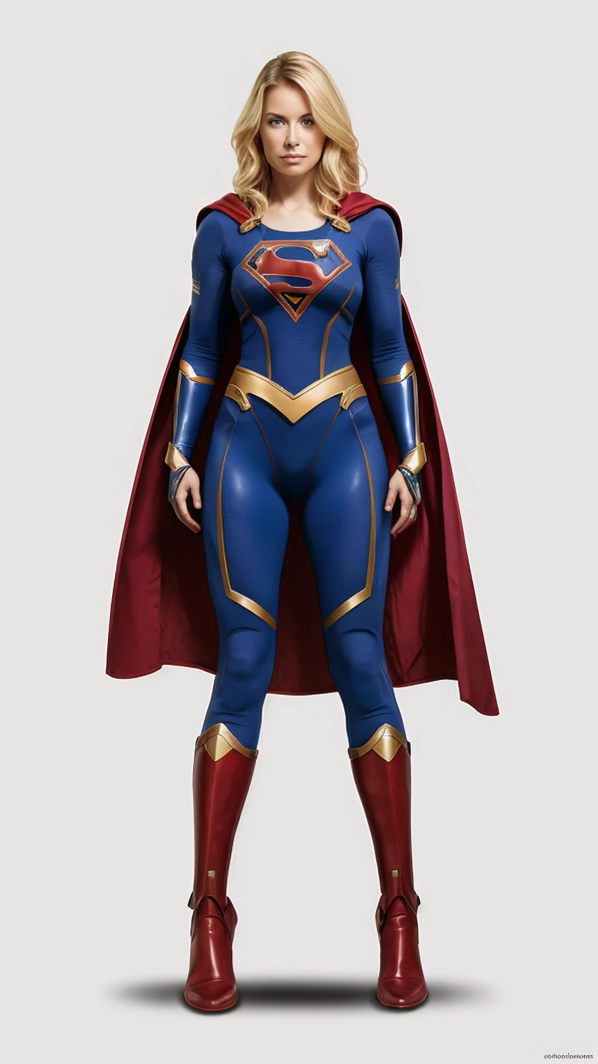 ((Full body photo, standing, feet on the ground)) supergirl, blonde hair, red, blue, yellow, simple background, armorsuit, science fiction, robot, power armor, sharp, clear, detailed, best quality, high quality, high resolution, best resolution, HD, HDR, 8K, masterpiece, 2D illustration, crosshatching, flat colors, inked, hand-drawn, deep shadows, epic, dynamic, cinematic