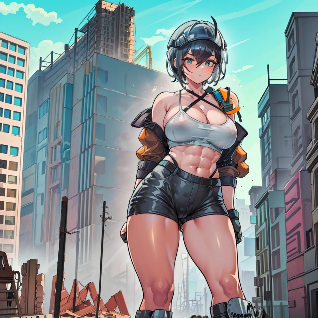 giant girl Muscle girl Abdominal muscles Thick arms Female Giant Metropolis ((Giant girl working at a construction site)) ((construction site)) materials wood ((((Building under construction)))) Girl in bikini swimsuit ((Black short hair)) ((Safety helmet)) ((Safety boots)) ((Leather Handbags)) ((Heavy machinery)) Truck Excavator Rubble pile Outdoor masterpiece Unreal Engine