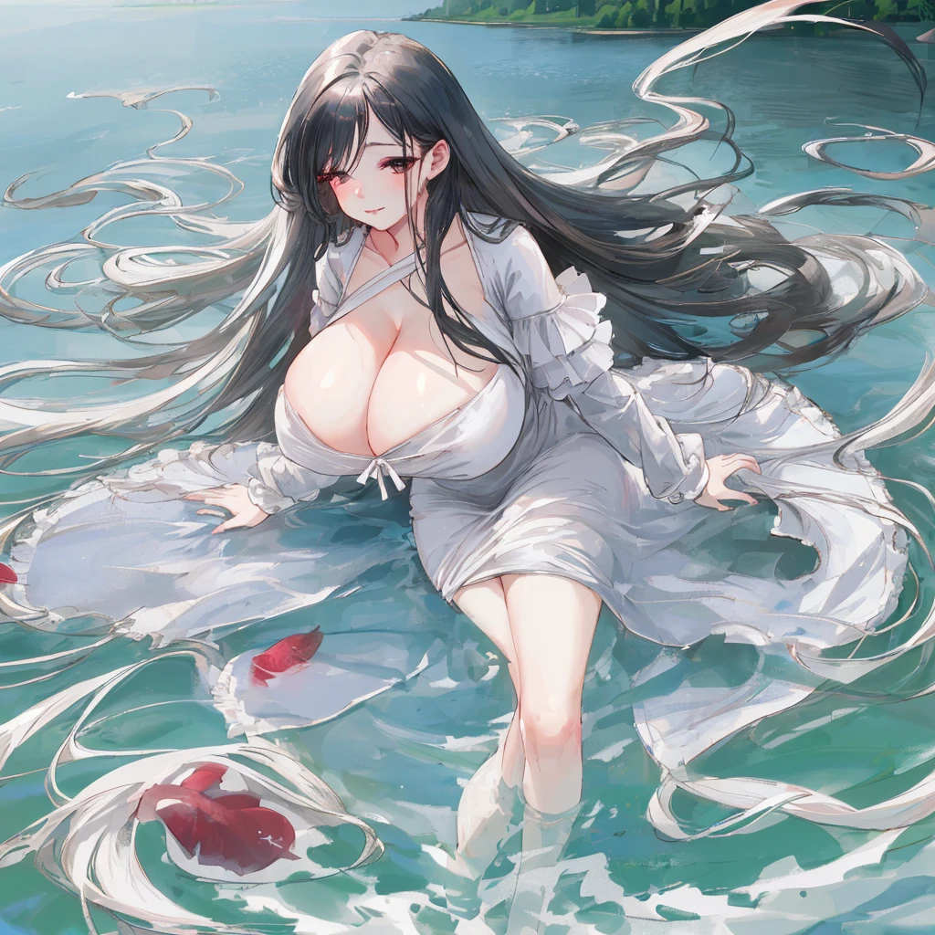 Mature Woman, Huge breasts, lips, Mouth closed, Conceit, Straight Hair, Very long hair, Mischievous face,、Disheveled Hair、Breeze、organdy、lake、lake畔