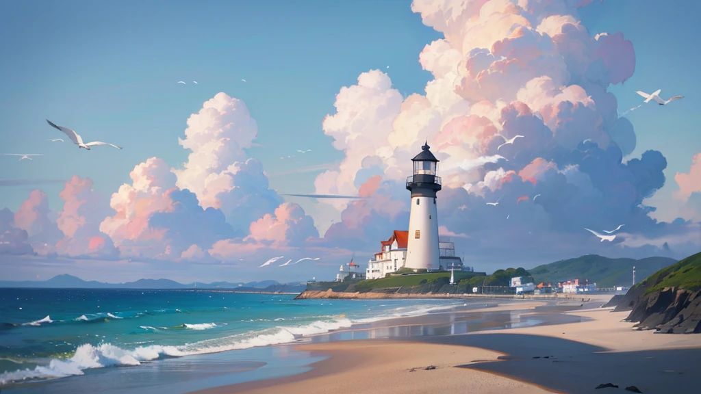 Cartoon Style，Blue sky，White Cloud，Sea，Sunlight，Beach，Seagull，lighthouse，There is a ship in the distance，一群奔向Sea的小孩子（Best quality，8K，32k，masterpiece，Ultra HD：1.2）
