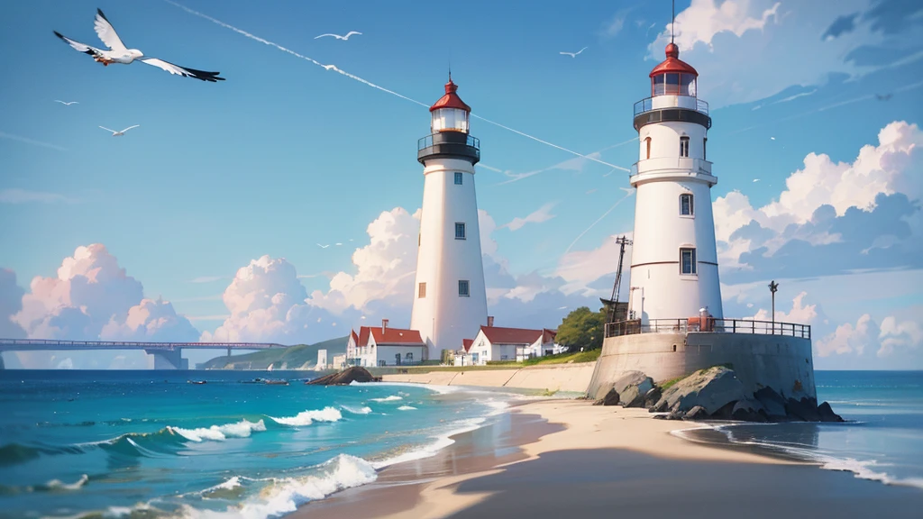 Cartoon Style,Blue sky,White Cloud,Sea,Sunlight,Beach,Seagull,lighthouse,There is a ship in the distance,一群奔向Sea的小孩子(Best quality,8K,32k,masterpiece,Ultra HD:1.2)