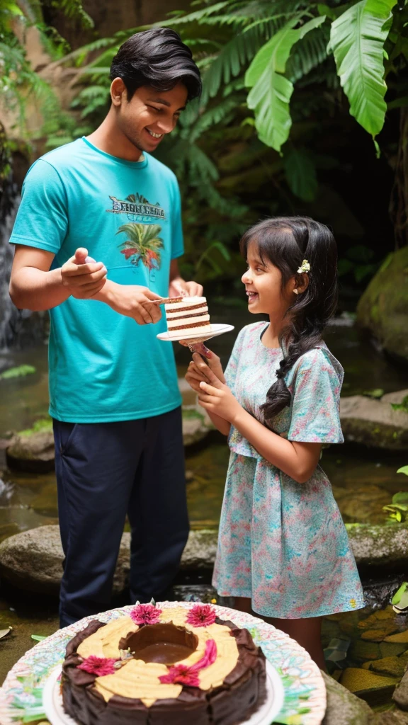 A man the name is Sagar his small sister architha, his small sister celebrating brother's birthday by cutting cake, the background is in the Nature full of waterfall, they both a warning tea shirts print man name is Sagar sister name is Architha
