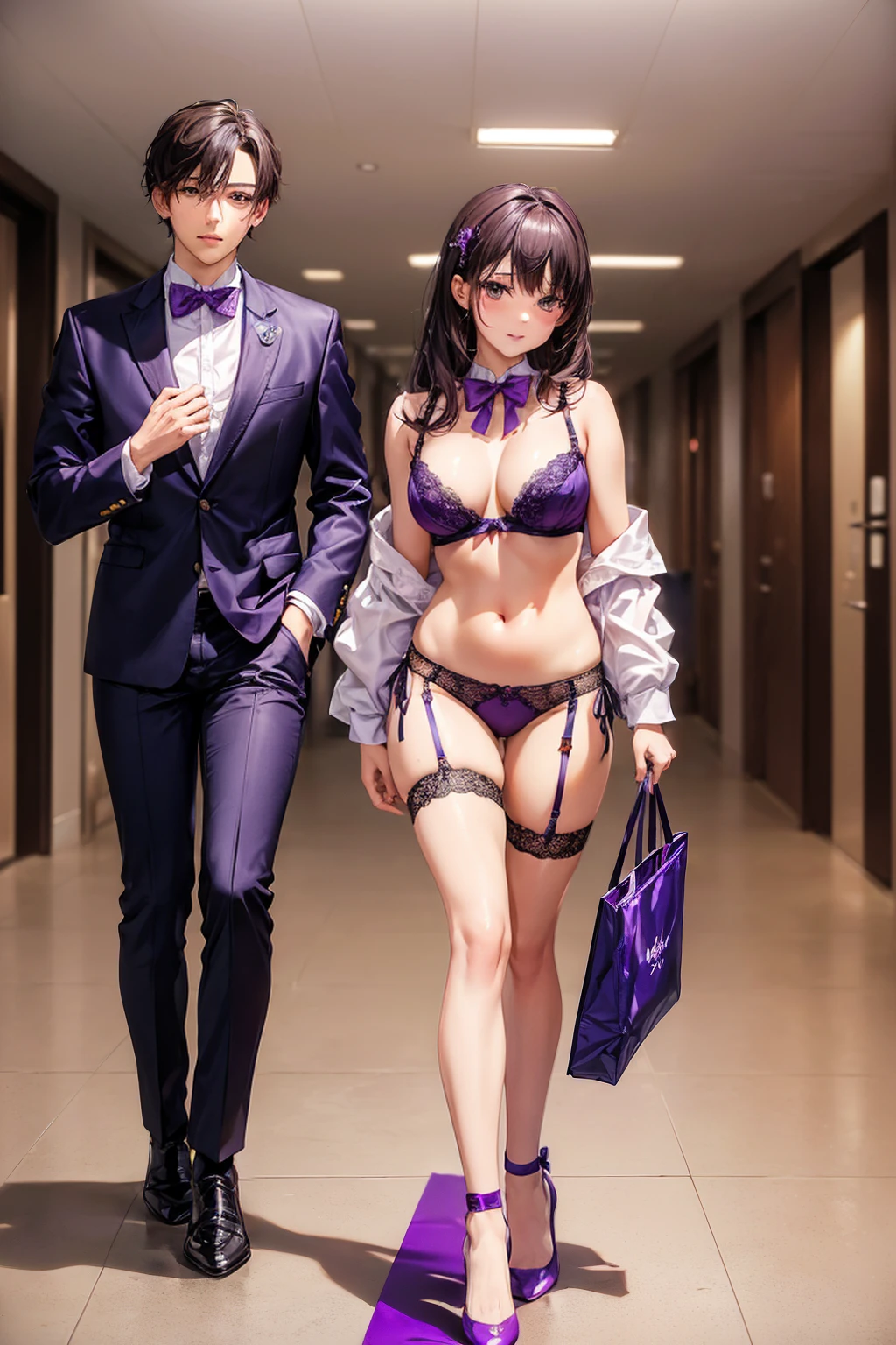 ((一人のWoman in underwearはセクシーに歩いている:1.5)), Beautiful Anime Women, Beautiful art style, Anime characters, ((Smooth texture, Realistic texture, Anime CG Style)), ((Highest quality)), (Very detailed), (Very detailed CG 統合 8k 壁紙), Very detailed, High-resolution RAW color photos, Professional photography, (Brown Hair, Stylish hairstyle:1.1), Great face and eyes, Beautiful and big breasts, Slender body, (Stunningly beautiful woman), (Detailed face:1.2), (Office corridor, There is a window in the hallway:1.4), (Many men in suits are walking in the background:1.5), ((Bow tie around neck:1.3), (Black high heels:1.1), (Sexy and cute purple underwear:1.3), (Stylish shiny purple satin panties, Side-tie panties, The panties are plain purple in the center with lace decoration on the sides.:1.3), (Thin panties:1.3), (Purple micro lace satin bra, Purple bra with lace trim, Thin bra:1.3), (lace garter belt, Garter Strings, Knee socks:1.3):1.3), (naked, Woman in underwear, 女性はブラとパンティとKnee socksとガーターベルトだけを着用:1.5), Exact number of arms, Exact number of legs, Perfect Anatomy, (Embarrassed expression, Surprised expression), Angle from the front, Exact finger count、Exact number of legs、(Exact number of arms:1.0, Exact number of hands:1.0), (Perfect hands, Perfect Anatomy)