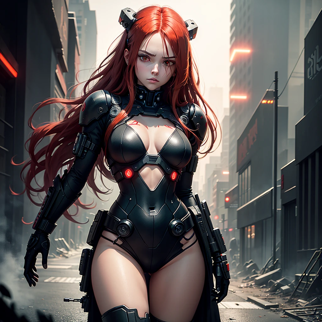 "Fantastic cyberpunk post-apocalyptic style. Lonely beautiful cyborg girl with long red hair looking at the camera. The camera films her from below and slightly to the right. She is wearing a black android suit with cleavage, decorated with small red details. The girl is the main object in the image. Red flashes and lights are visible on a dark background, creating an atmosphere of slight sadness. The main colors of the image are black and red."