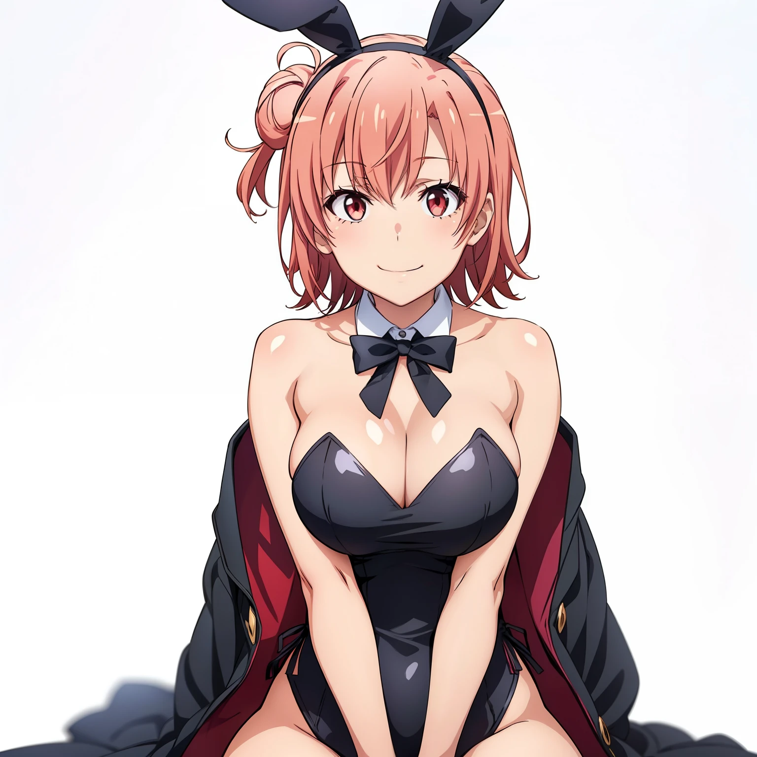 ((masutepiece, Best Quality, hight resolution, nffsw, Perfect Pixel, depth of fields, 4K, )), 1girl in, Solo, , Beautiful anime girl, Beautiful Art Style, close up, Looking at Viewer, Perfect body, Yuigahama Yui, Short hair, pink hair, hairbun, (large boob), sitting, black playboy bunny outfit, smile, hands on knees, blank white background