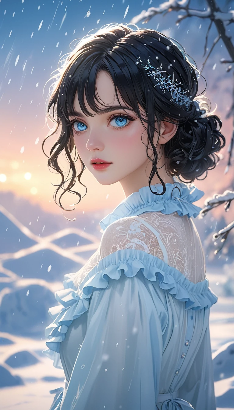 (((masterpiece))),best quality,illustration,4k wallpaper,movie lighting,absurd,1 girl,(snow,ice),in winter,(pale blue eyes:1.5),(black hair),(medium hair style),shiny hair,curls,white clothes,frills,lace,wet clothes,leave_Shoulder,hair tie,masterpiece,telephoto lens,absurd,Exquisite face,features,natural light,soft light,(Seven-part combination),epic,Dreamy and magical,mystery,