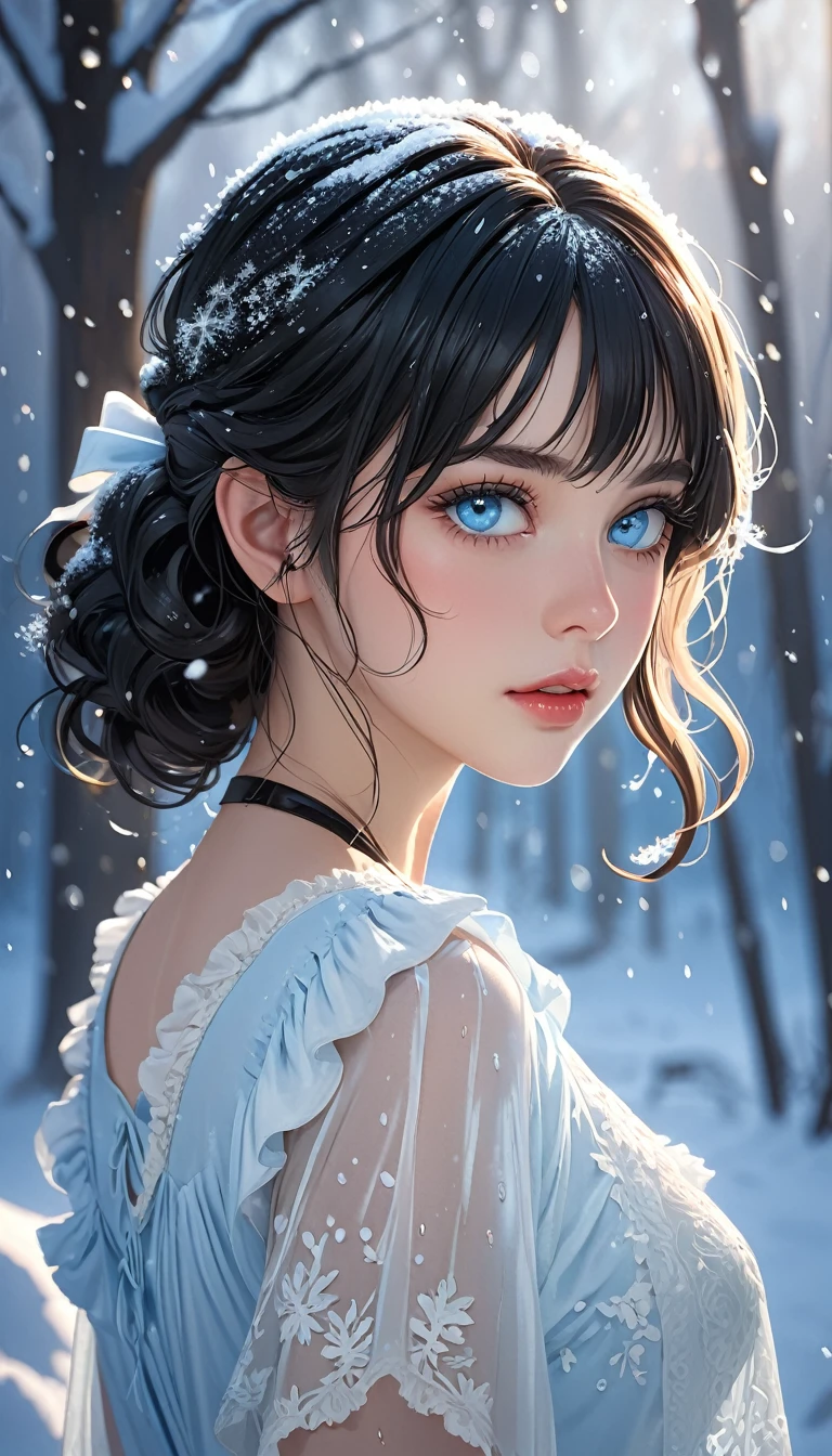 (((masterpiece))),best quality,illustration,4k wallpaper,movie lighting,absurd,1 girl,(snow,ice),in winter,(pale blue eyes:1.5),(black hair),(medium hair style),shiny hair,curls,white clothes,frills,lace,wet clothes,leave_Shoulder,hair tie,masterpiece,telephoto lens,absurd,Exquisite face,features,natural light,soft light,(Seven-part combination),epic,Dreamy and magical,mystery,
