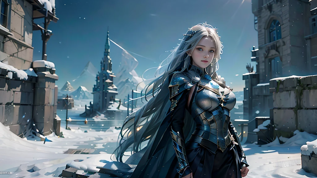 masterpiece, rest, best quality, Very detailed, Super real, 16K, high resolution, castle，snow, ((Starry Sky)),Female Mage，Gorgeous armor，Complex Mode，Large Breasts，Pretty Face，Closed mouth，dramatic，Medium distance photography，Glowing scepter