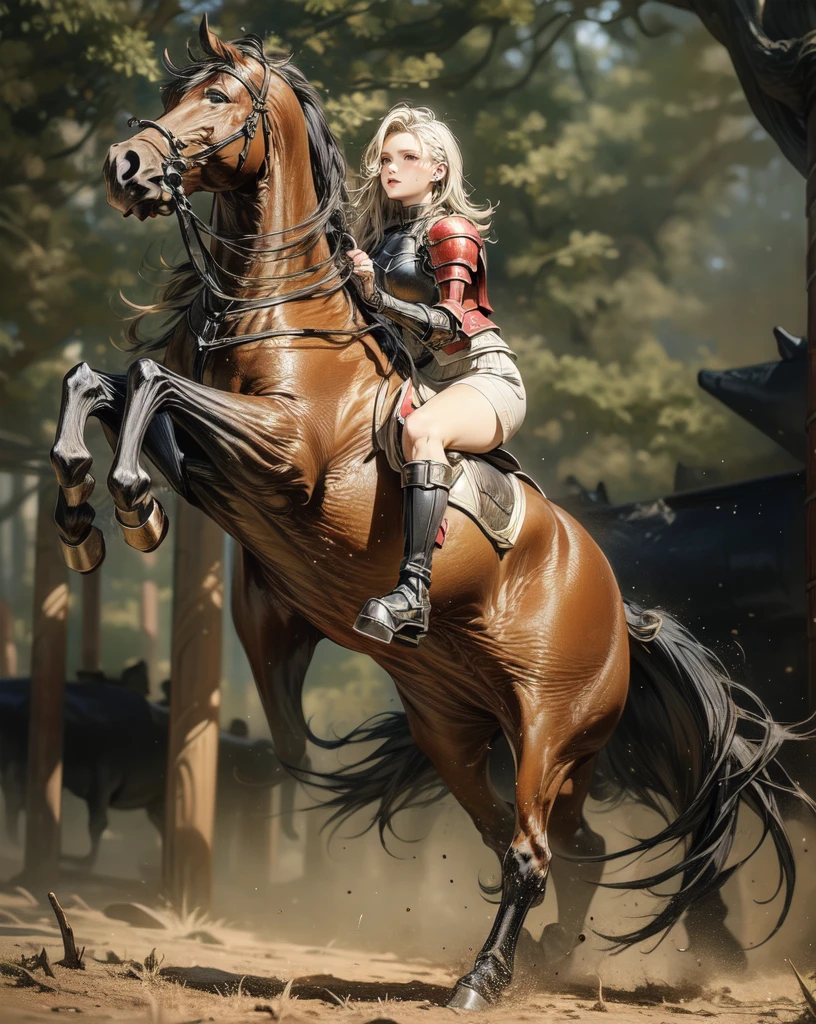 ((best quality)), ((anime masterpiece)), (high detailed), 8k, cinematic lighting, realistic, HDR, vivid color, a female knight riding a BROWN HORSE, long hair, {black hair}, (white armor, black gauntlet, black miniskirt, black boots), forest, anatomically correct
