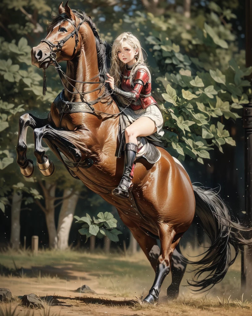 ((best quality)), ((anime masterpiece)), (high detailed), 8k, cinematic lighting, realistic, HDR, vivid color, a female knight riding a BROWN HORSE, long hair, {black hair}, (white armor, black gauntlet, black miniskirt, black boots), forest, anatomically correct
