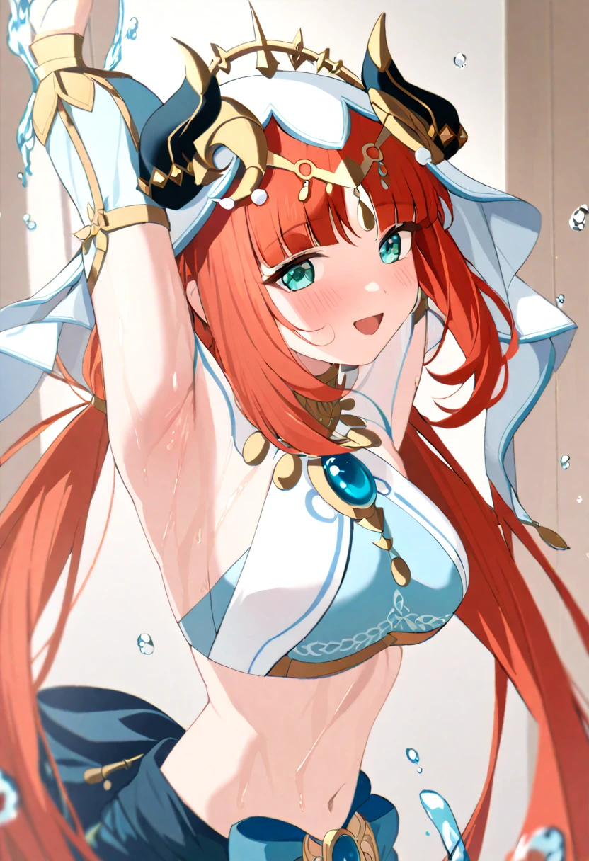  genshin_impact nilou_(genshin_impact) absurdres commentary_request highres 1girl :d aqua_eyes aqua_nails armpit_cutout armpits blue_gemstone blue_skirt blush circlet clothing_cutout crop_top fake_horns fingernails gem gold_trim headdress horns hydrokinesis long_hair looking_at_viewer midriff nail_polish navel parted_bangs red_hair skirt smile solo stomach upper_body very_long_hair w water white_veil nipple_tweak, pov in shower ,wet nipples