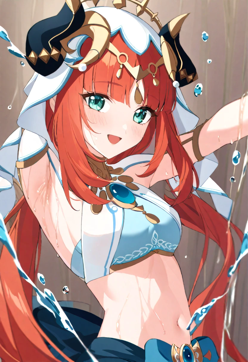  genshin_impact nilou_(genshin_impact) absurdres commentary_request highres 1girl :d aqua_eyes aqua_nails armpit_cutout armpits blue_gemstone blue_skirt blush circlet clothing_cutout crop_top fake_horns fingernails gem gold_trim headdress horns hydrokinesis long_hair looking_at_viewer midriff nail_polish navel parted_bangs red_hair skirt smile solo stomach upper_body very_long_hair w water white_veil nipple_tweak, pov in shower ,wet nipples