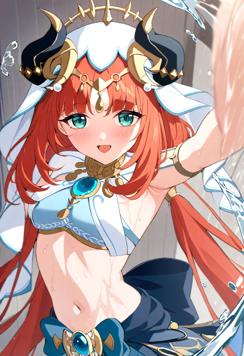  genshin_impact nilou_(genshin_impact) absurdres commentary_request highres 1girl :d aqua_eyes aqua_nails armpit_cutout armpits blue_gemstone blue_skirt blush circlet clothing_cutout crop_top fake_horns fingernails gem gold_trim headdress horns hydrokinesis long_hair looking_at_viewer midriff nail_polish navel parted_bangs red_hair skirt smile solo stomach upper_body very_long_hair w water white_veil nipple_tweak, pov in shower ,wet nipples