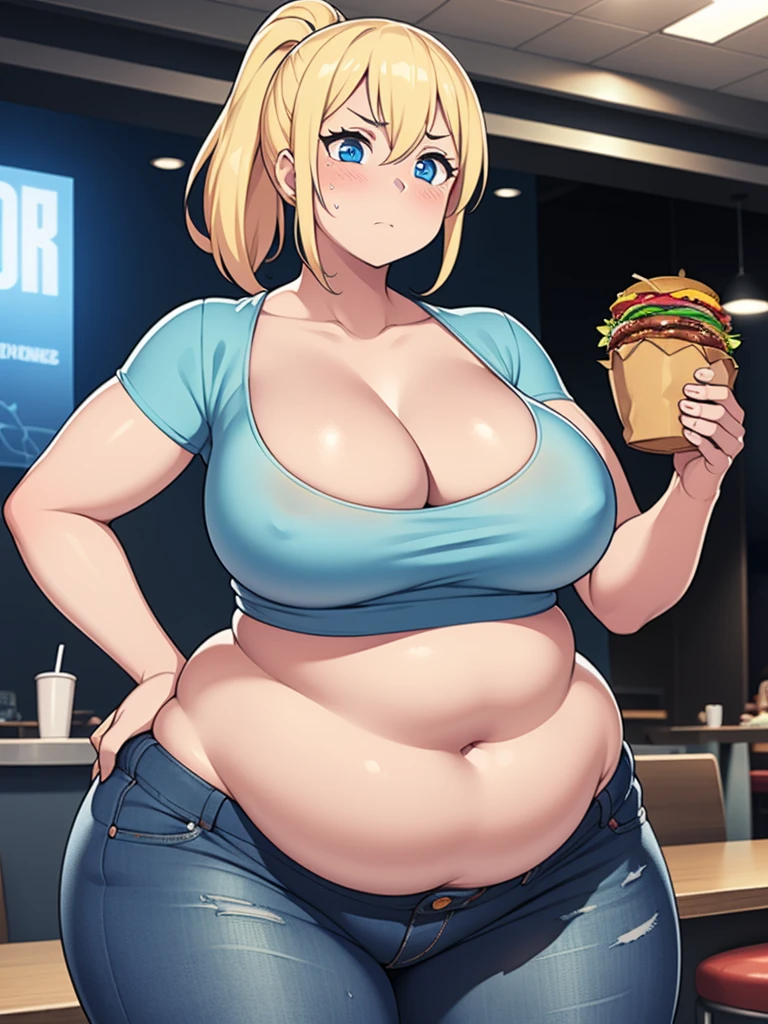 ((Masterpiece)), perfect anatomy, perfect shading, field of depth, (best quality), extremely delicate and beautiful, perfect lighting, detailed face, ultra cute face, cute, ((1girl)), ((solo))
short fluffy blonde hair, ponytail, blue eyes, ((blush)), nervous, looking at viewer, crop top, jeans, cleavage, large breasts, ((thick thighs)), (wide hips), plump, chubby belly, belly hang, fat folds
intricate background, detailed background, fast food restaurant,