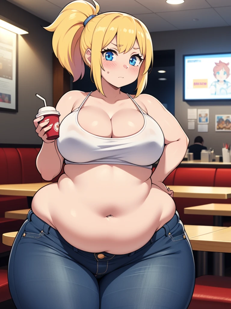 ((Masterpiece)), perfect anatomy, perfect shading, field of depth, (best quality), extremely delicate and beautiful, perfect lighting, detailed face, ultra cute face, cute, ((1girl)), ((solo))

short fluffy blonde hair, ponytail, blue eyes, ((blush)), nervous, looking at viewer, crop top, jeans, cleavage, large breasts, ((thick thighs)), (wide hips), plump, chubby belly, belly hang, fat folds

intricate background, detailed background, fast food restaurant,
